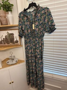 Max Studio Blue Floral Ruffle Midi Dress